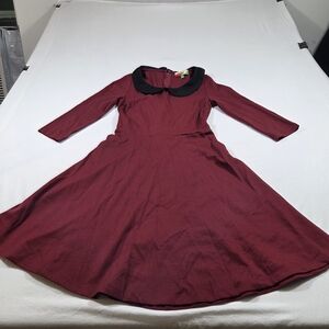 Fervour Dress Audrey Hepburn Chic Long Sleeve Burgundy Dress Black Collar A Line